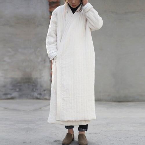 Women cotton padded winter garment long design padded jacket red coat off white robe outwear vintage belt overcoat