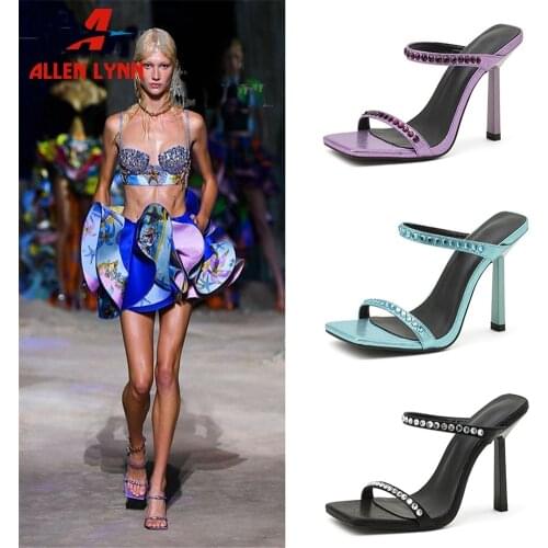 Brand New 2021 Summer Slippers Women Open Toe Concise Thin High Heels Crystal Sexy Party Footwear Ladies Slides Outside Shoes