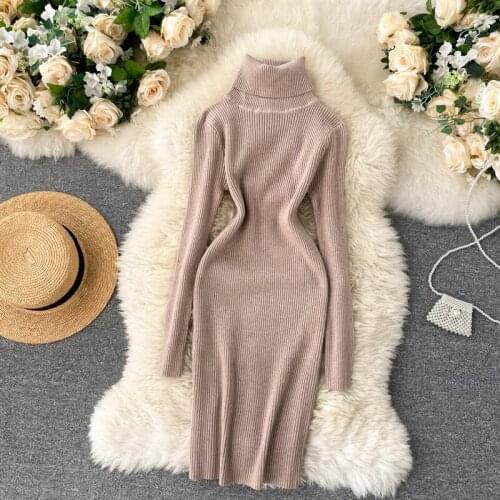 Women Turtleneck Knitting Dress Autumn Winter Korean Long Sleeve Slim Pencil Dress Thicken Warm Bodycon Sweater Dress DZA387