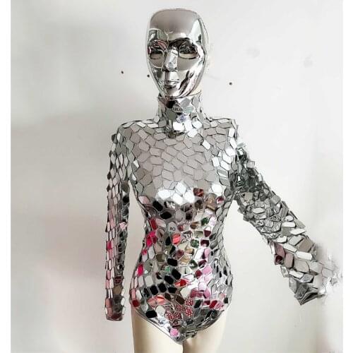 Silver Mirror Costumes Sequin Long Sleeve Jumpsuit Women Singer Dancer Bar Nightclub Stage Birthday Prom Show Costume XS2153
