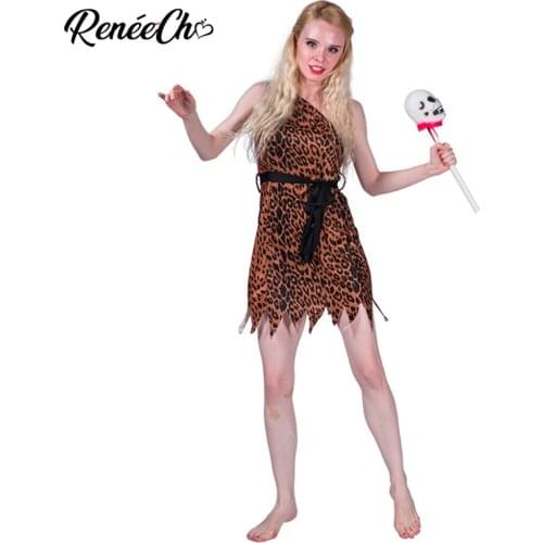Reneecho Wild Cavewoman Costume Women Costume For Halloween One Shoulder Off Sexy Short Leopard Dress With Belt Set