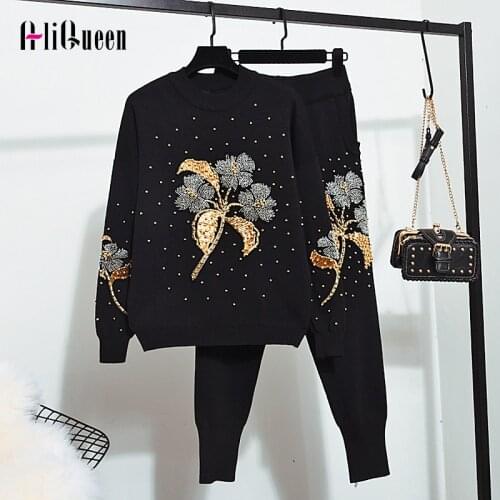 Spring Autumn Luxury Women Embroidered Flares 2 Piece Set Tracksuit Knitted Sweater Tops + Pants Casual Two-Piece Set Outfits