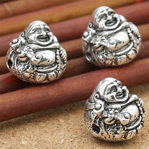 S925 Sterling Thai Silver Accessories Wholesale Personalized Retro Bracelet Beaded DIY Loose Beads 15mm Laughing Buddha Bead