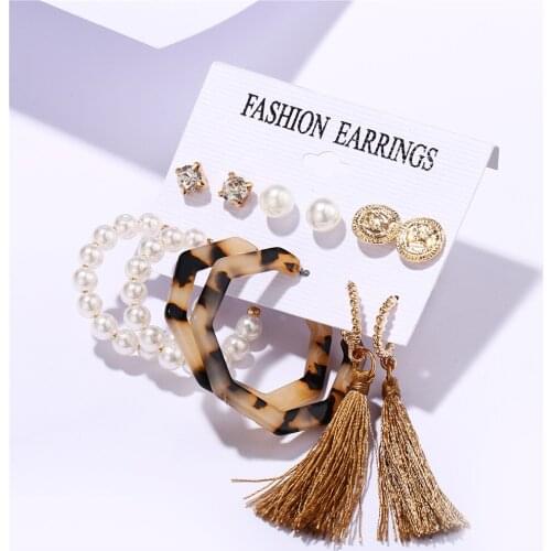 2020 Bohemian Tassel Earrings For Women Vintage Leopard Pearl Drop Earrings Set Dangle Geometric Earring Acrylic Jewelry Set