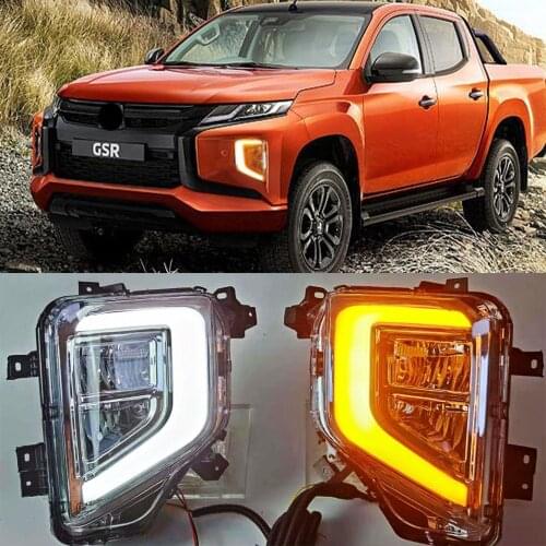 1 Set LED DRL Daytime Running Lights For Mitsubishi Triton L200 2019 2020 Fog Lamp Cover with Yellow Turn Signal Lamp