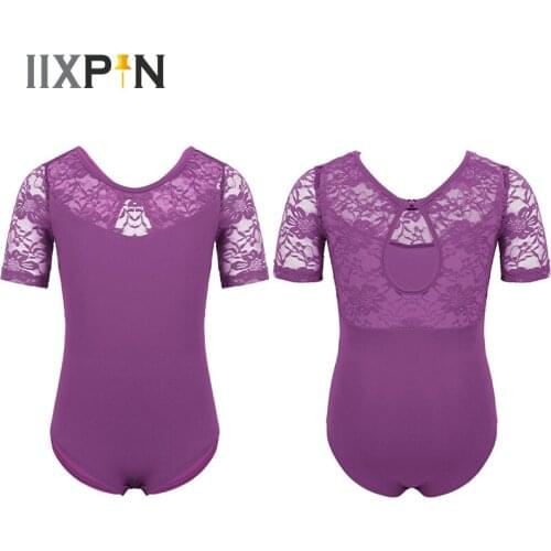 IIXPIN Girls Lace Mesh Ballet Leotards Floral Short Sleeves Keyhole Back Ballet Clothing Dancewear Gymnastics Leotard Jumpsuit