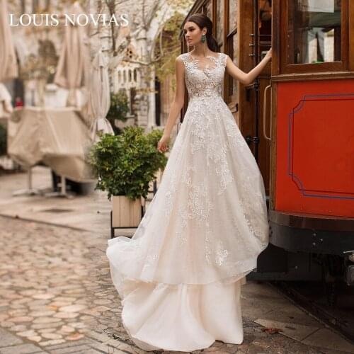 Louis Novias Light Wedding Dress Wrap Appliques Floor-Length Watteau TrainZipper Illusion Sleeveless Watteau Train