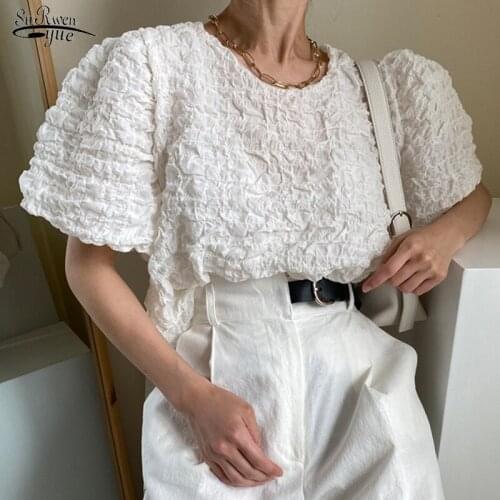 Summer Chic Loose Women Blouse Korean Vintage Pleated Puff Sleeve Shirts For Women 2021 Fashion Casual O-neck Tops Blusas 14700