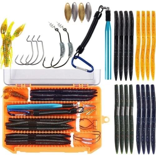 Hot-Fishing Worm Bait Bass Lures Kit Fishing Accessories Set Silicone Wacky Rig Hammer Shrimp Crank Hook with Storage Box