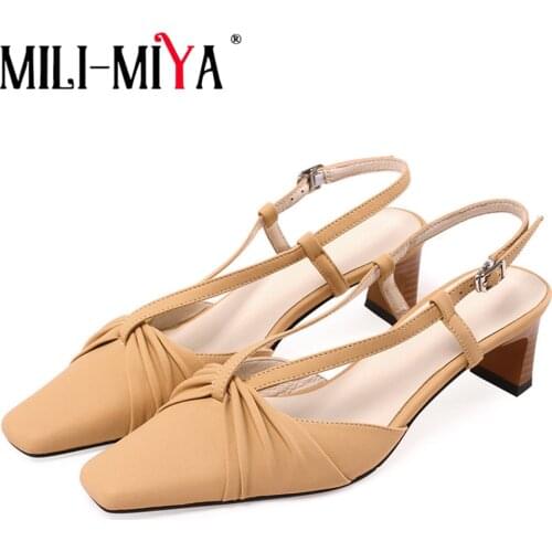 MILI-MIYA 2021 New Spring Summer Sheepskin Pleated Sandals Women Fashion Pointed Toe Casual Mid Heels Ladies Design Dress Shoes