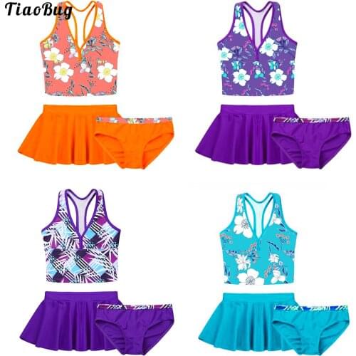 Fashion Summer Kids Girls 3Pcs Tankini Swimwear Floral Print Swimsuit Bathing Suit Set V-Neck Vest Tops With Bottom Skirt Briefs