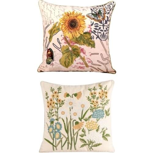 Nordic Rustic Style Linen Throw Pillow Case Vintage Sunflower Daisy Embroidered Farmhouse Square Decorative Cushion Cover