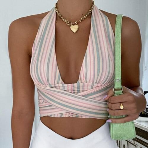 Sexy Summer Deep V-neck Halter Top Chic Women Fashion Striped Backless Bandage Cropped Party Clubwear Beach Style Tank Top Vest