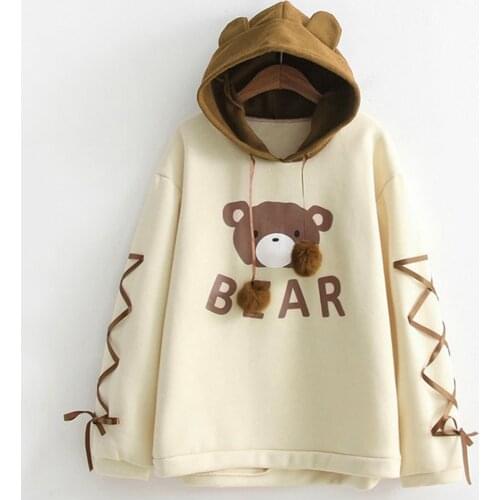 Cute Sweet Hoodie Women Girls Autumn Winter Plus Velvet Kawaii Bear Hoodies Oversized Sweatshirt Hooded Tops Long Sleeve Blouses