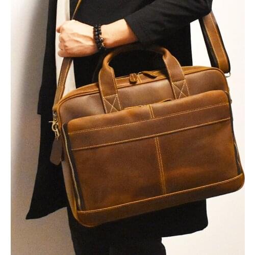 Vintage Handmade Natural Crazy Horse Leather Men Briefcase Big Genuine Leather 15" Laptop Bag