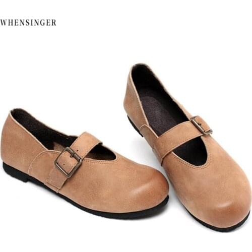 Whensinger - Women Flat Shoes Comfortable Driving shoes Ventilation loafers Genuine Leather Casual Beige Buckle Flats Shoe