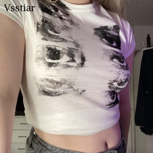Vsstiar White Short Sleeve Casual T-Shirt Fashion Streetwear Round Neck Summer Women Tees New Female Sheath Print Crop Tops