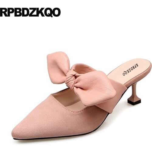 Female High Heels Kawaii Pumps Size 4 34 Pointed Toe Ladies Kitten Shoes Bow Suede Sandals Mules Slipper Pink Medium Chinese