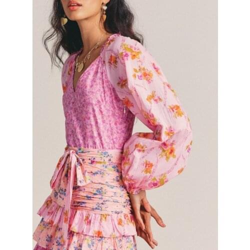2021 Autumn Floral Print Long Sleeve Ruffled Ruffled Mini Dress Patchwork A-line Women Dress