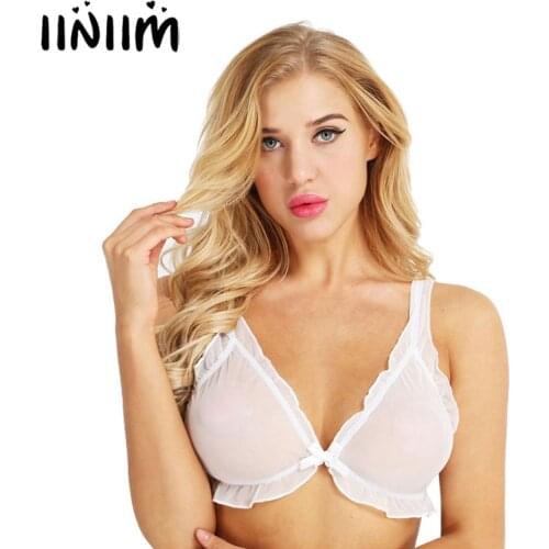 Womens Lingerie Night Soft Wetlook See-through Underwear Sheer Mesh Lace Frilly Triangle Bralette Wire-free Unlined Bra Top