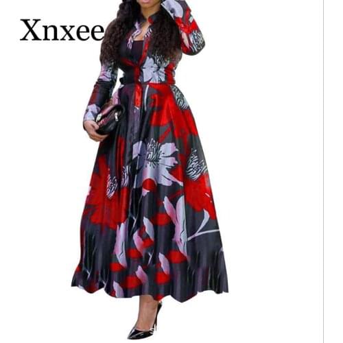 L~5XL Floral Floor Length Women Party Dress Plus Size Stand Collar Long Sleeves Women Maxi Dress Plus Size Long Vestidos Robe