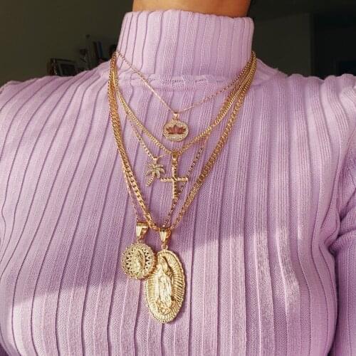 Vintage Lotus Cross Coconut Tree Virgin Pendant Necklaces for Women Gold Color 2019 Fashion Jewelry Layered Necklace New Arrival