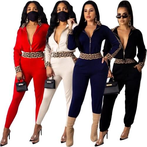 2020 sportswear womens elegant two-piece suit womens fashion plus size Greek Fret print jacket and pants zipper suit jogging w