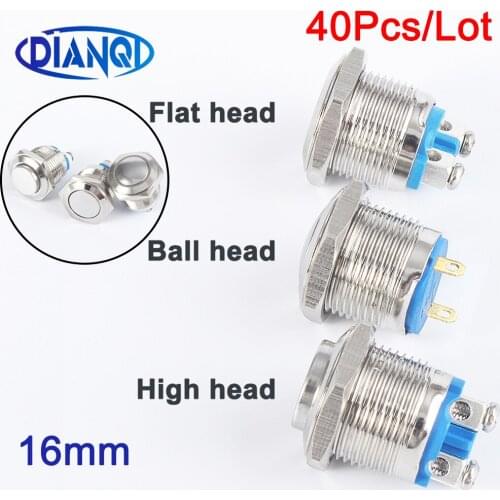 40x16mm 1NO Flat High Shape round head metal press push button switch reset momentary start waterproof mechanical equipment horn