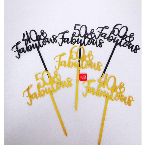 5 Pcs Happy Birthday Cake Topper Acrylic Gold Black Fabulous 40 50 60 Cupcake Topper for Birthday Party Cake Decorations