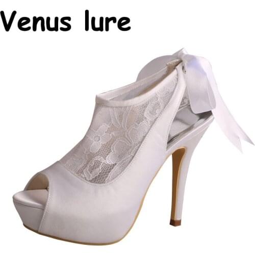 White Platform Lace up Shoes Bridal Satin Women High Heel Wedding Pumps