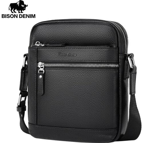 BISON DENIM Classic Black Male Bag Genuine Leather Business Crossbody Bag iPad Mens Messenger Bag Casual bolsas male N2845
