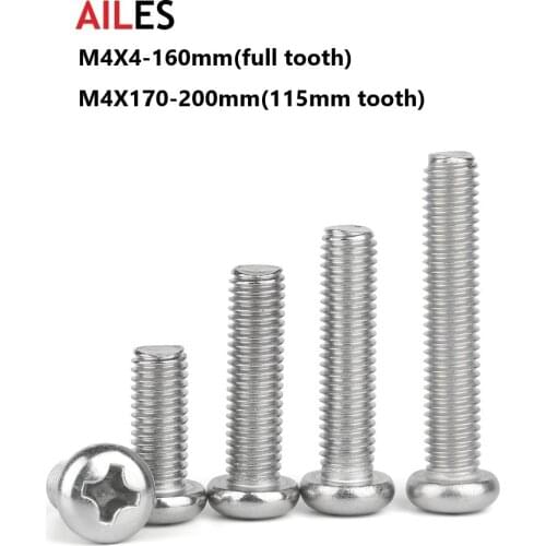 4mm Cross Recessed Pan Round Head 304 Screws Stainless Steel Phillips Machine Bolts M4 x 4 5 6 100 130 150 180190 200160mm