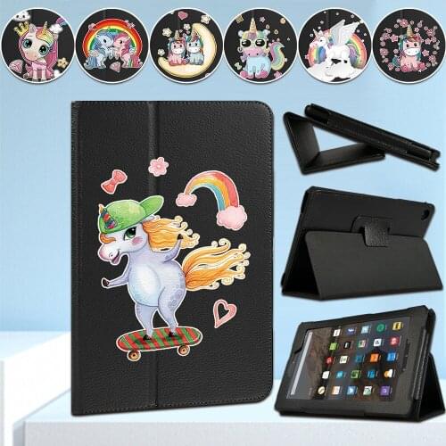 Tablet Case for Amazon Fire 7 /Fire HD 8 /Fire HD10 Alexa PU Leather Back Suppor Unicorn Pattern Print Series Protective Cover
