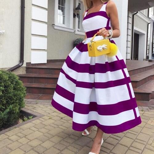 Sleeveless Suspenders Striped A-line Mid Skirt Pleated Cocktail Party Long Striped Dress 2021 Summer Fashion Retro Satin Dress