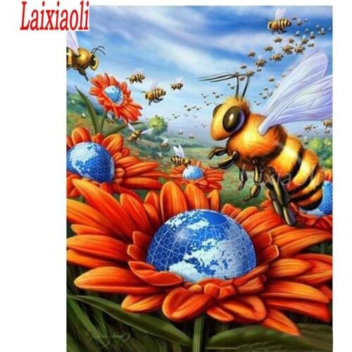 5D round Diy Diamond Painting full Square Diamond rhinestone Cross Stitch Diamond Embroidery Bee and flower pattern room Decor