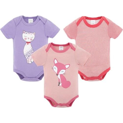 Kavkas Kids Clothes Summer 100%Cotton Fox Cat Printing 3-Piece Short Sleeve Baby Bodysuit песочник для девочек