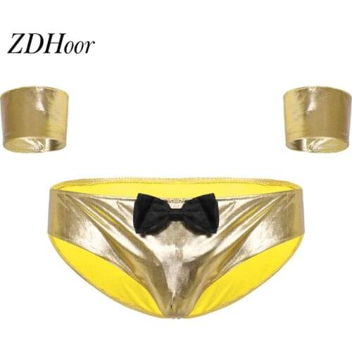 Mens Shiny Underwear Set Sexy Metallic Lingerie Set Low Rise Bulge Pouch Briefs Panties with Cuffs Sexy Nightclub Party Costume