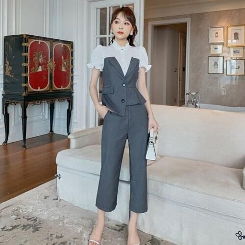 Fashion Women Korean OL Professional Vintage Streetwear Short Sleeve Patchwork Top Shirt Blouse Long Wide Leg Pants 2 Pieces Set
