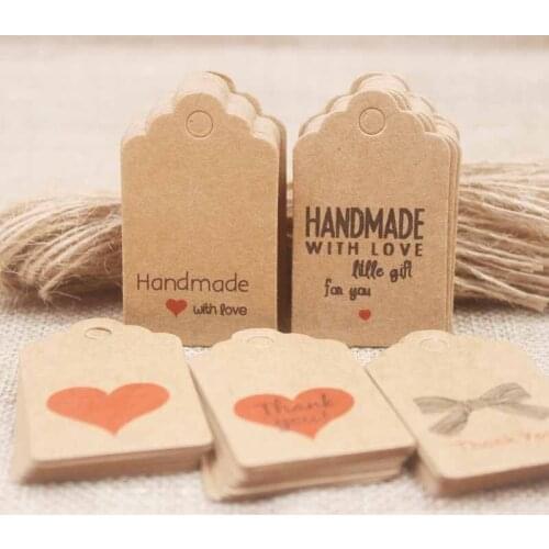 Kraft Diy handmade gifts tag /red heart Thank you tag scallop paper cookies /crafts/bakery /candy label100pc+100ropes