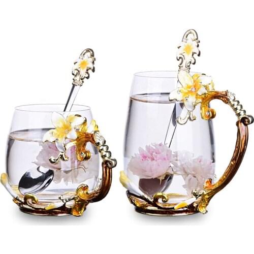 Creative Retro Enamelled glass cup lily enamel applique crystal cup tea Cup coffe glass Wedding gift Family drinkware gift box