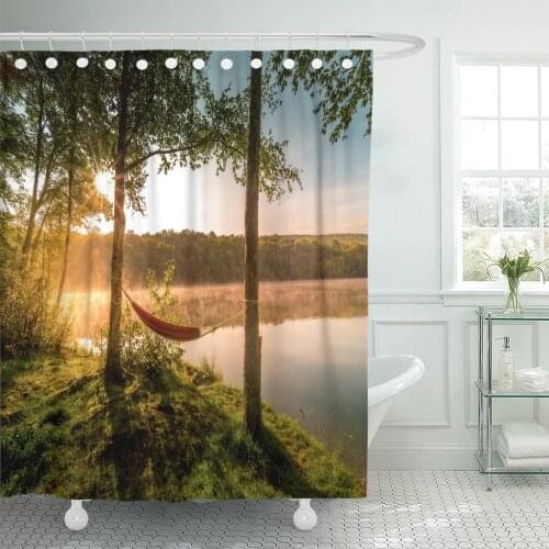 Summer Camping Lake Empty Hammock Between Two Trees The Shower Curtain Waterproof Polyester Fabric 60 x 72 Inches Set with Hooks