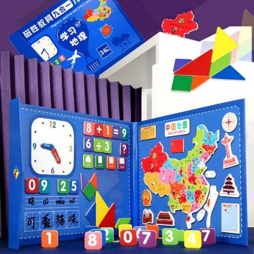 Magnetic teaching aids childrens map puzzle educational toys wooden early education learning geography graffiti painting boy
