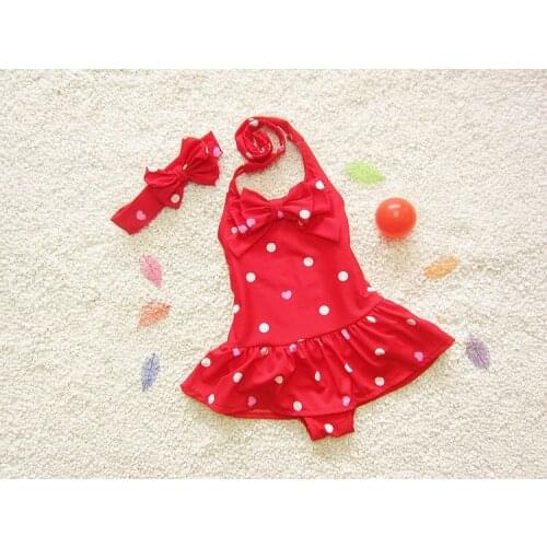 Sweet Bowknot Polka Dot Kids Girls One Piece Swimming Suit Swimwear + Headband Summer Dress Beach Wear Red Blue Swimsuit SA4015
