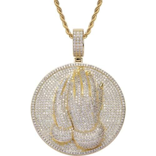 Mens Jewelry Rhinestone Necklace Full Cubic Zircon Round Pray Pendant Link Hip Hop Chain for Male