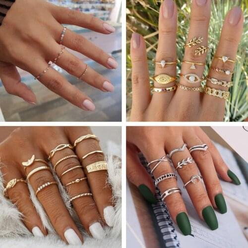 Boho Knuckle Rings Leaves Moon Hollow Geometric Rings Set For Women Opal Crystal Midi Finger Ring Female Bohemian Jewelry Gifts