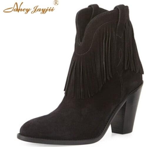 Fring Women New Western Fringe Pointed-Toe Bootie,Black Soft Flock Mid Heel Ankle Boots Shoes For Woman,Outdoor,Large Size 4-16