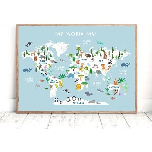 Educational Wall Poster Print Woodland Animal World Map Nursery Wall Art Decor Watercolour Children Canvas Painting for Kid Room