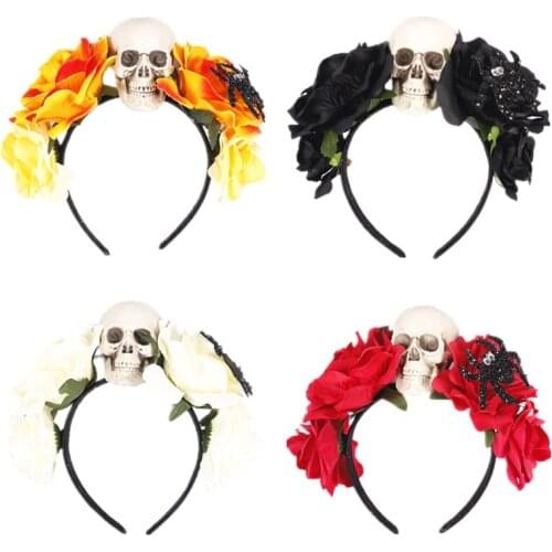 Halloween Hair Hoop Rose Skull Headband Handmade Flower Skull Headdress Floral Headbands Cosplay Hair Accessories