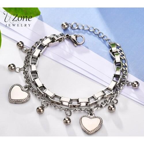 UZone Charm Double Layers Stainless Steel Heart Chain Bracelet Tassel Peach Heart Link Necklace Fashion Women Jewelry