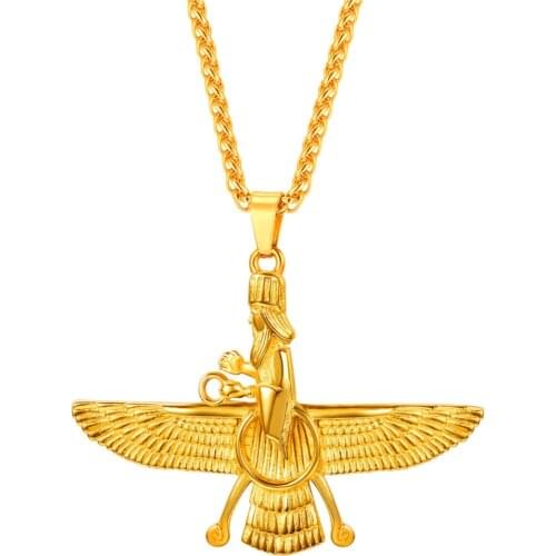 Faravahar necklace with chain Gold color Stainless Steel Iranian Pesian Zoroastrian Jewelry black necklaces P4G